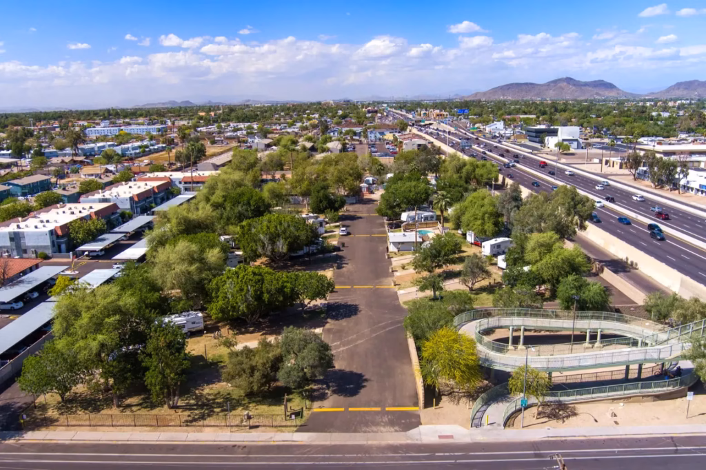 Phoenix, comfortable manufactured home exterior, land-lease, RV parks in Arizona, streetscape