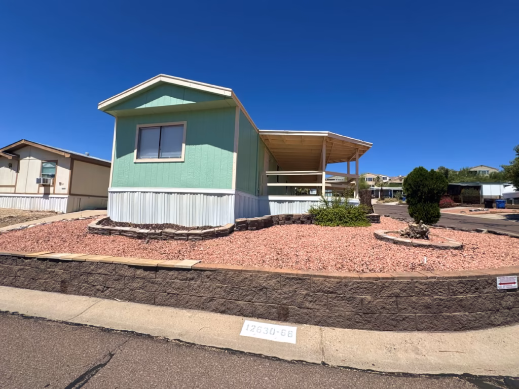 comfortable manufactured home exterior, RV, neighborhood, affordable, clean residential streetscape