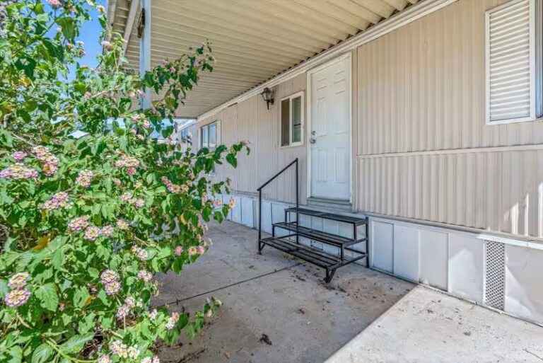 White front door of a mobile home porch with black railing stairs and a flowering bush nearby.